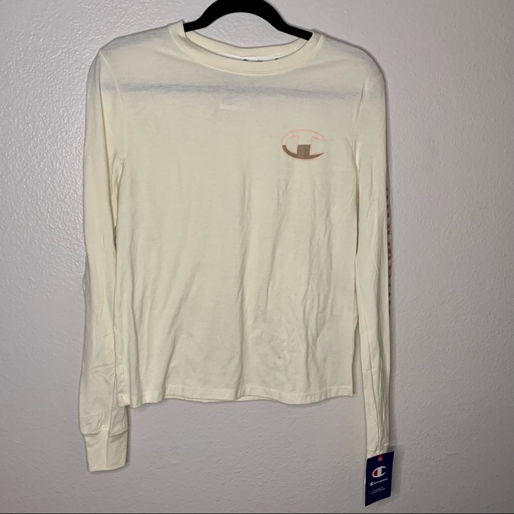 Champion women’s jersey long sleeve tee logo XS cream pink NWT